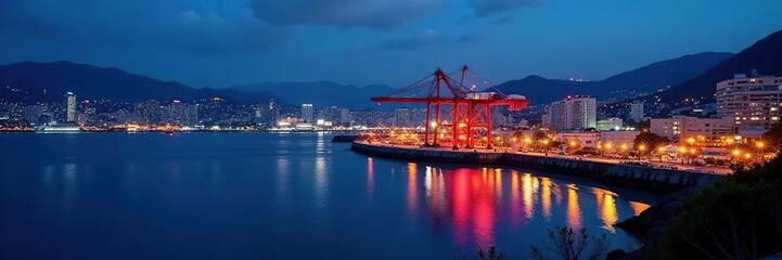 Fototapeta premium Illuminated Kobe port structures at dusk, harbor view , landscape, building, photography