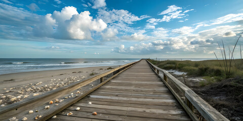 Wooden Boardwalk Leading to Ocean Horizon Under Blue Sky. Perfect for: Summer, Beach