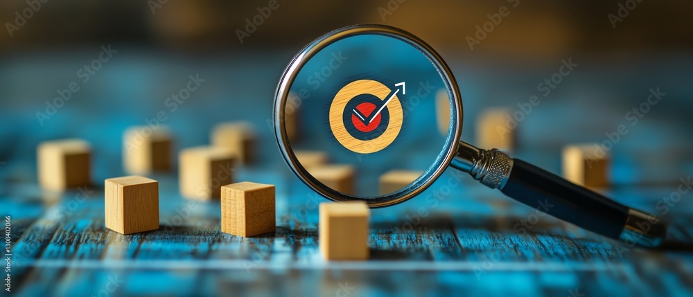 Poster Magnifying glass examining business strategy planning, highlighting a target icon with blocks and check marks representing quality management and goal achievement