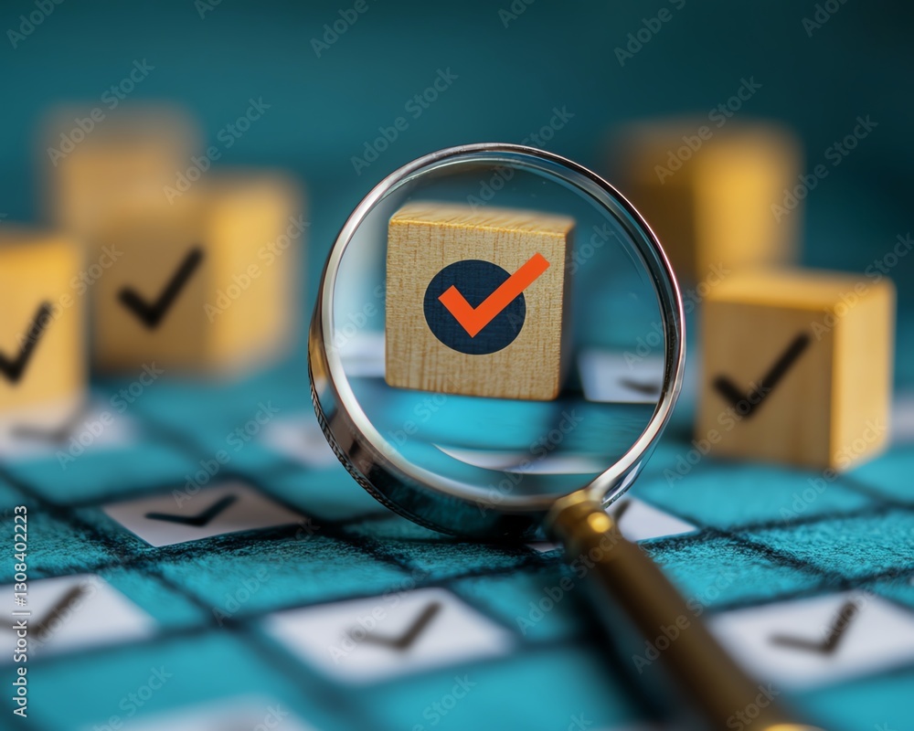 Poster magnifying glass on business strategy planning, focusing on a target icon and blocks with check mark