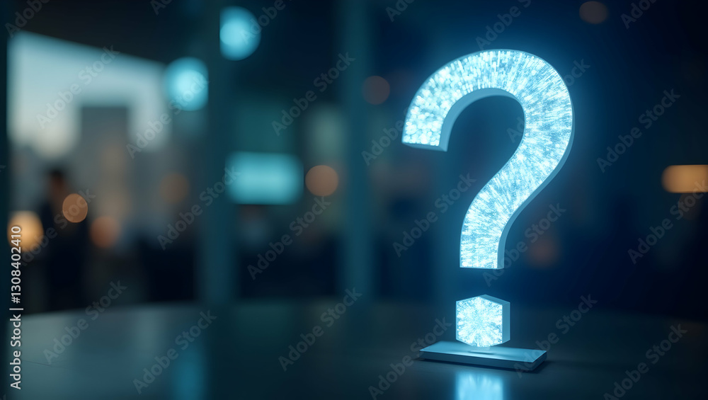 Poster exploring the future of customer support: a holographic question mark symbolizing curiosity and inte