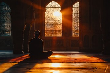 A man sits by the mosque window, watching the first light of dawn after a night of worship. The peaceful moment reminds him of his spiritual journey