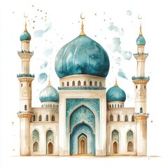Obraz premium Watercolor Illustration of a Blue Domed Mosque