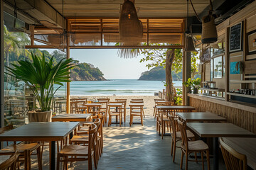 Fototapeta premium Interior of the cafeteria restaurant on the beach, Nice view cafe near the beach, Landscape view of beachside restaurant with cozy vibe and relax. 