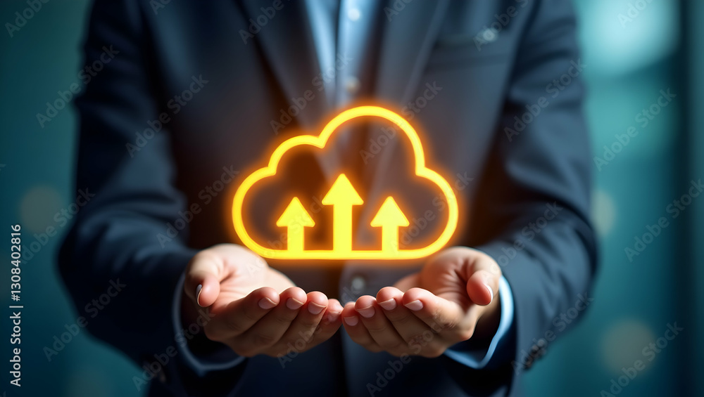 Poster cloud technology visualized: a business professional managing a glowing cloud icon with download and
