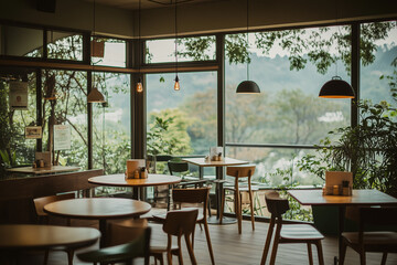 Fototapeta premium Landscape view of hill cafe with balcony to see the view in the morning, Restaurant design among the valley with breath taking view, Mountain cafe for tourist. 