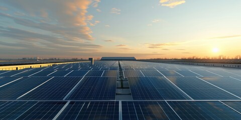 Solar Panels on a Rooftop at Sunset