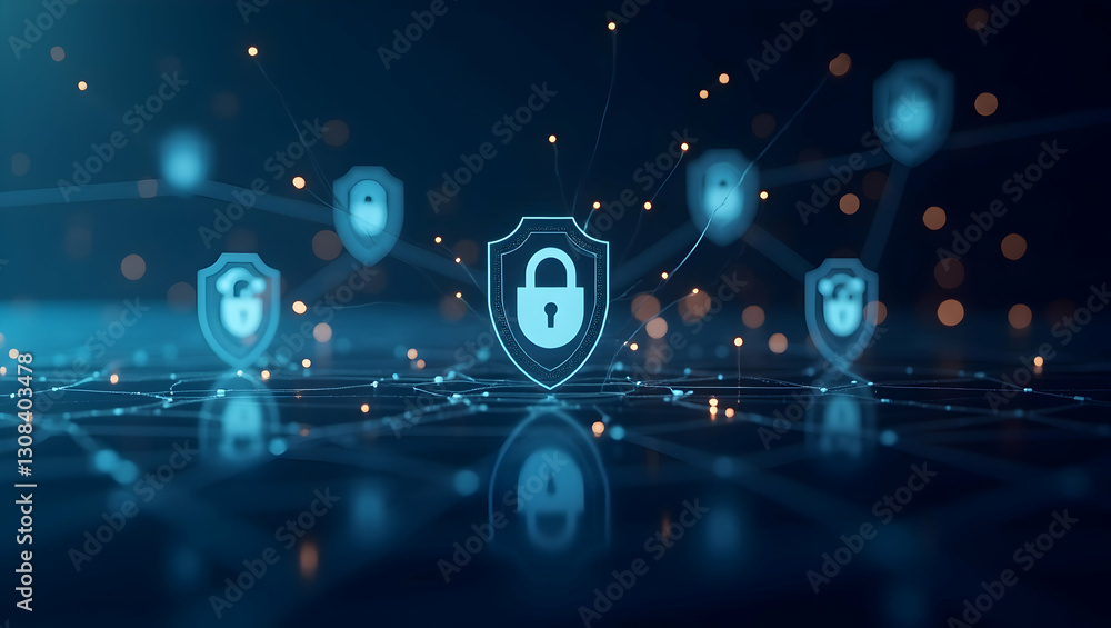 Poster visualizing cybersecurity: floating padlocks & shields in digital networks