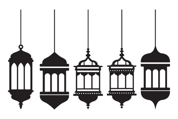 set of various muslim traditional hanging lanterns silhouette for ramadan kareem eid mubarak holidays arabic islamic designs isolated on white background vector illustration