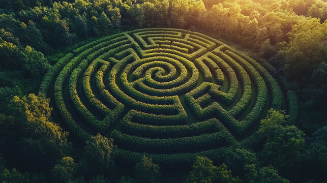 Aerial view of a green bush labyrinth or maze in a park or garden, symbolizing a journey of decision, searching, and finding a way or path to exit, representing challenge and planning - Powered by Adobe