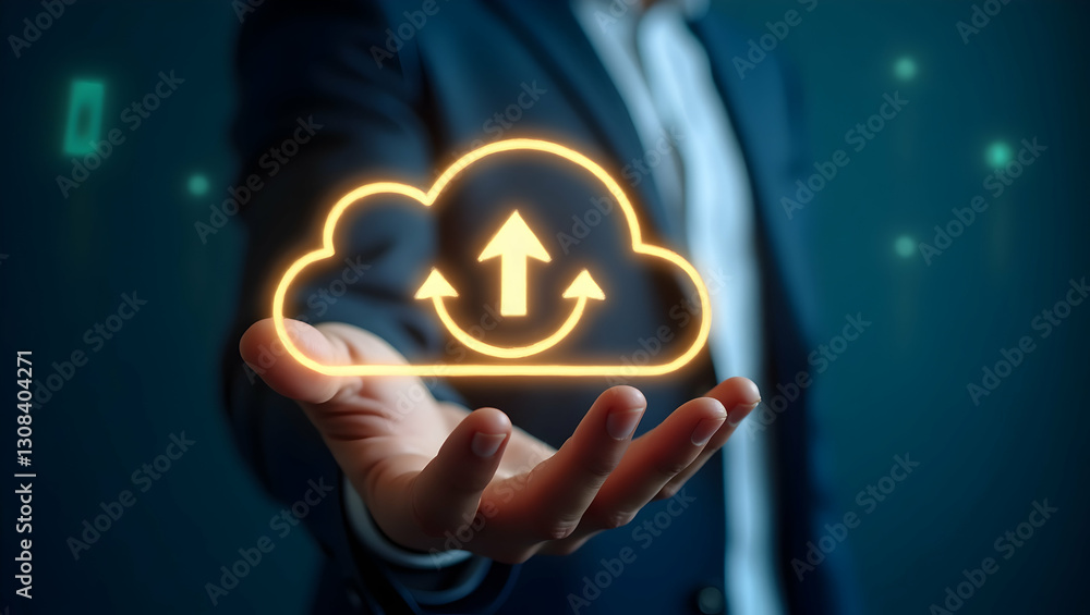 Poster cloud technology visualized: business professional managing glowing cloud icon with download & uploa