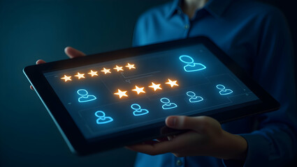 Visualizing Positive Customer Feedback: A Glowing Tablet Displaying a 5-Star Review and Customer Profile in Stock Photo Concept with Ample Empty Space for Customization