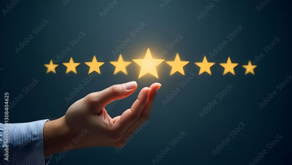 Aufkleber hand selecting holographic smileys and star ratings: a visual representation of customer satisfactio