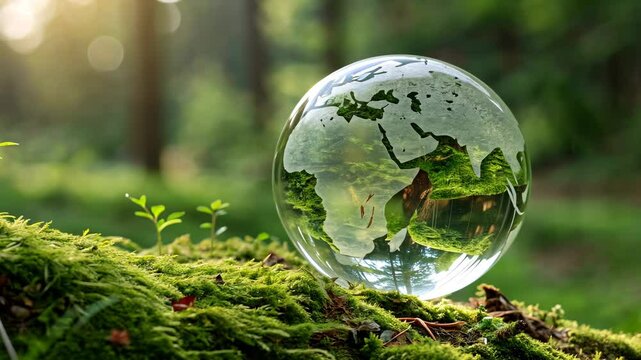 Crystal globe on moss in a forest