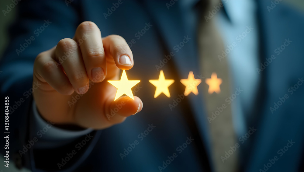 Aufkleber hand selecting holographic smileys and star ratings: a visual representation of customer satisfactio