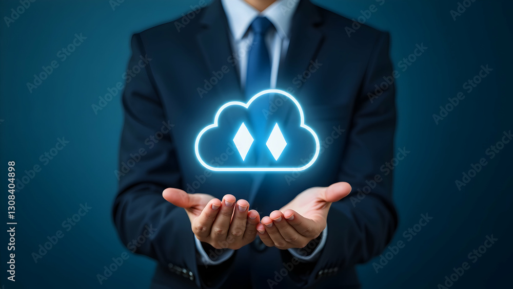 Poster cloud technology illustrated by a glowing cloud icon with download and upload arrows being handled b