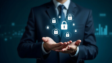 Visualizing Cybersecurity: A Hand Interacting with Floating Lock Icons for Data Security in a Digital Protection Scenario - Stock Photo Concept with Empty Space on the Left Side