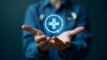 Holographic Cross and Health Symbol in Hand: A Visual Representation of Digital Healthcare Solutions for Integrated Healthcare Systems - Stock Photo Concept