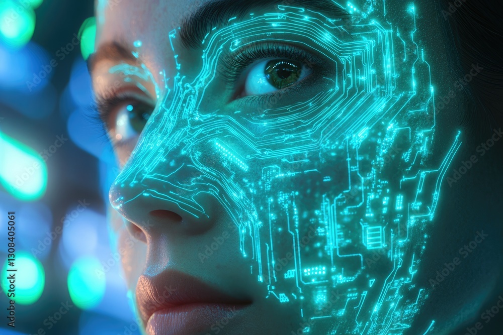 Poster close-up of a woman's face with a glowing circuit board pattern overlaid, showcasing futuristic tech
