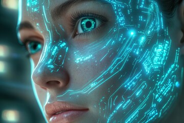 Close-up of a woman's face with glowing teal circuit lines, futuristic and digital.