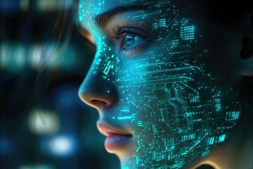 A woman's face is overlaid with a futuristic circuit board design, symbolizing technology's integration with humanity.