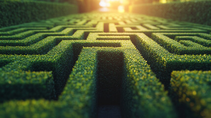 Aerial view of a green bush labyrinth or maze in a park or garden, symbolizing a journey of decision, searching, and finding a way or path to exit, representing challenge and planning