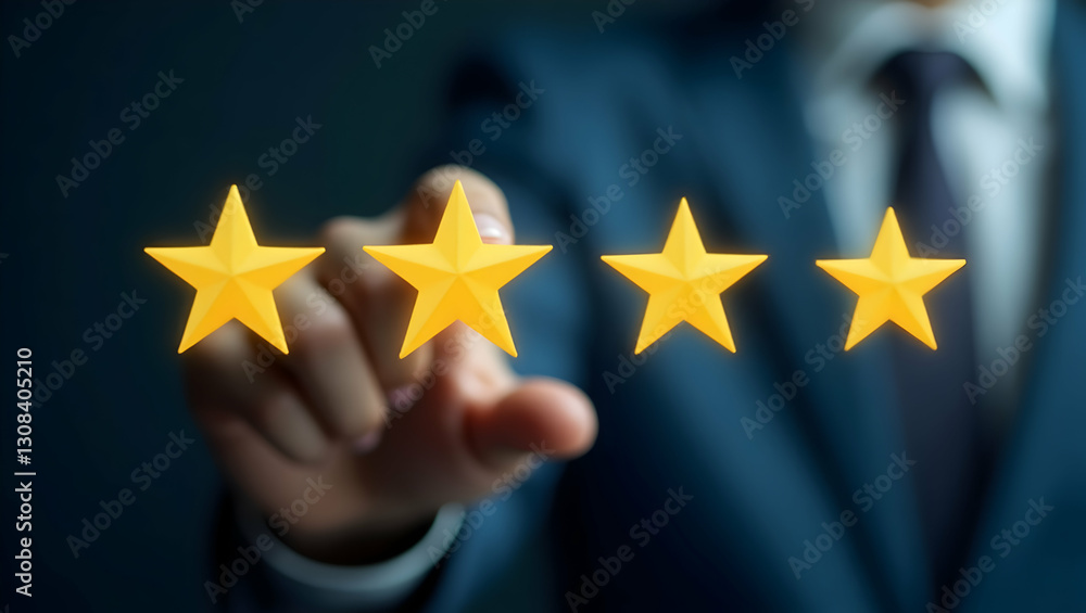 Aufkleber hand selecting holographic smileys and star ratings to illustrate customer satisfaction in business 