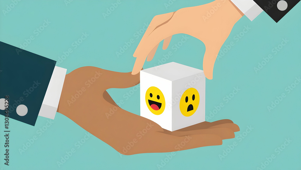 Aufkleber customer sentiment visualized: a hand holding a cube with happy and sad emoticons to represent custo