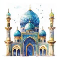 Watercolor Painting of a Blue and Gold Mosque
