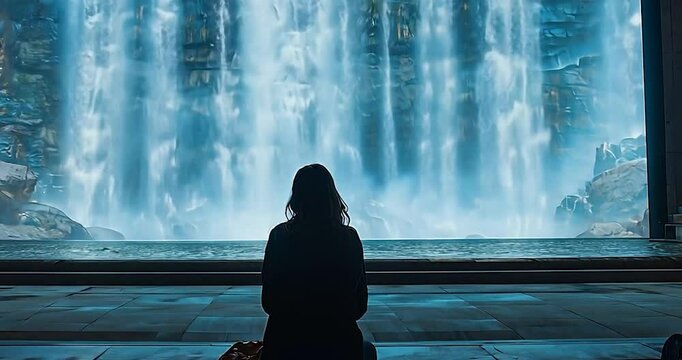 Woman sits in front of waterfall display
