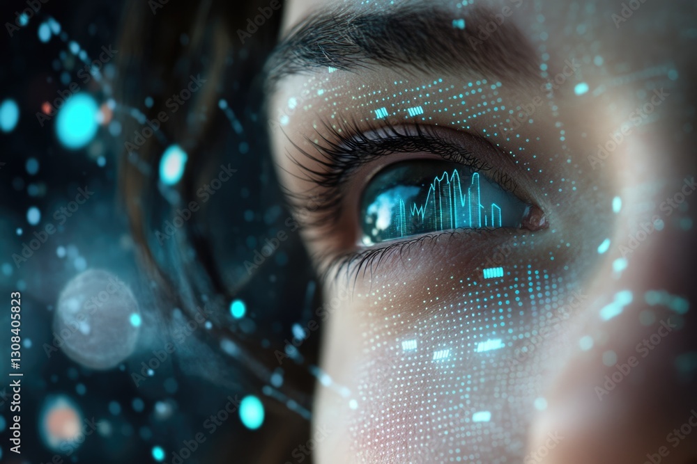 Aufkleber close-up of an eye with a futuristic overlay showing data streams and graphs, symbolizing technologi