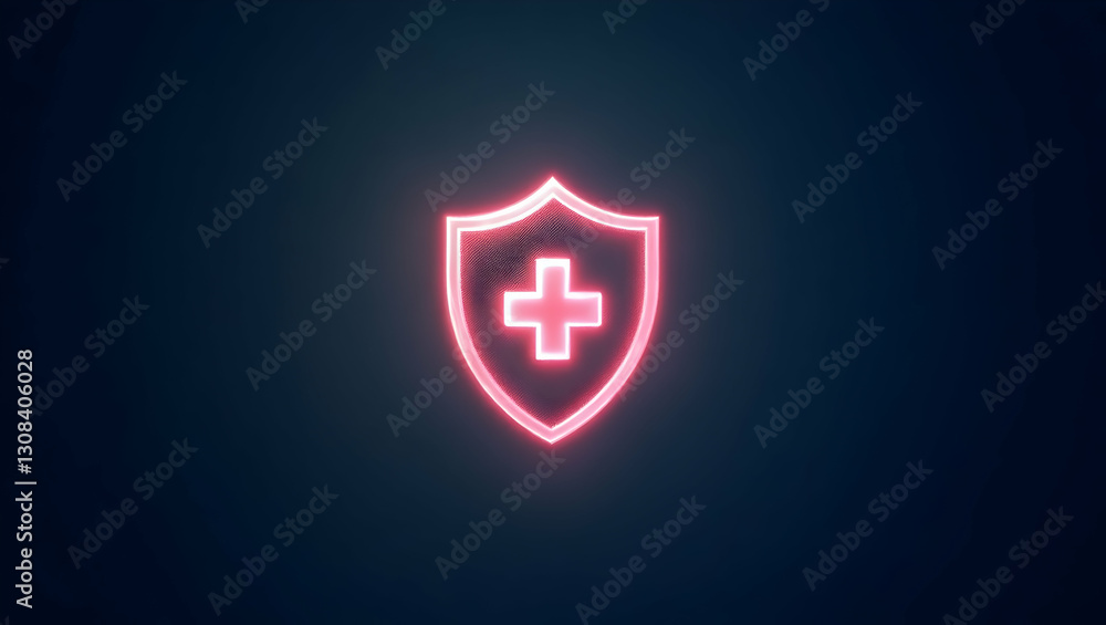 Poster glowing holographic shield with cross symbolizing health coverage: a conceptual image for medical se