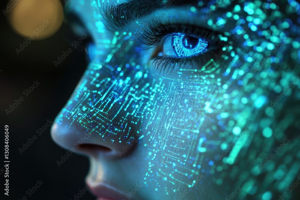 Poster a close-up of a woman's face, illuminated with glowing circuit patterns, symbolizing technological i