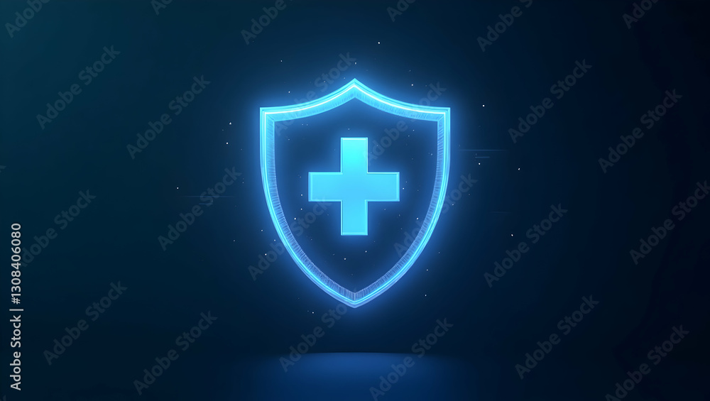 Poster healthcare shield depicted by a glowing holographic shield with a cross representing health coverage