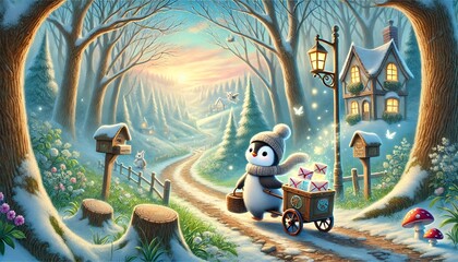 Obraz premium A heartwarming fantasy illustration of a penguin mail carrier journeying through a thawing enchanted forest, delivering glowing letters to woodland creatures awaiting their special springtime messages