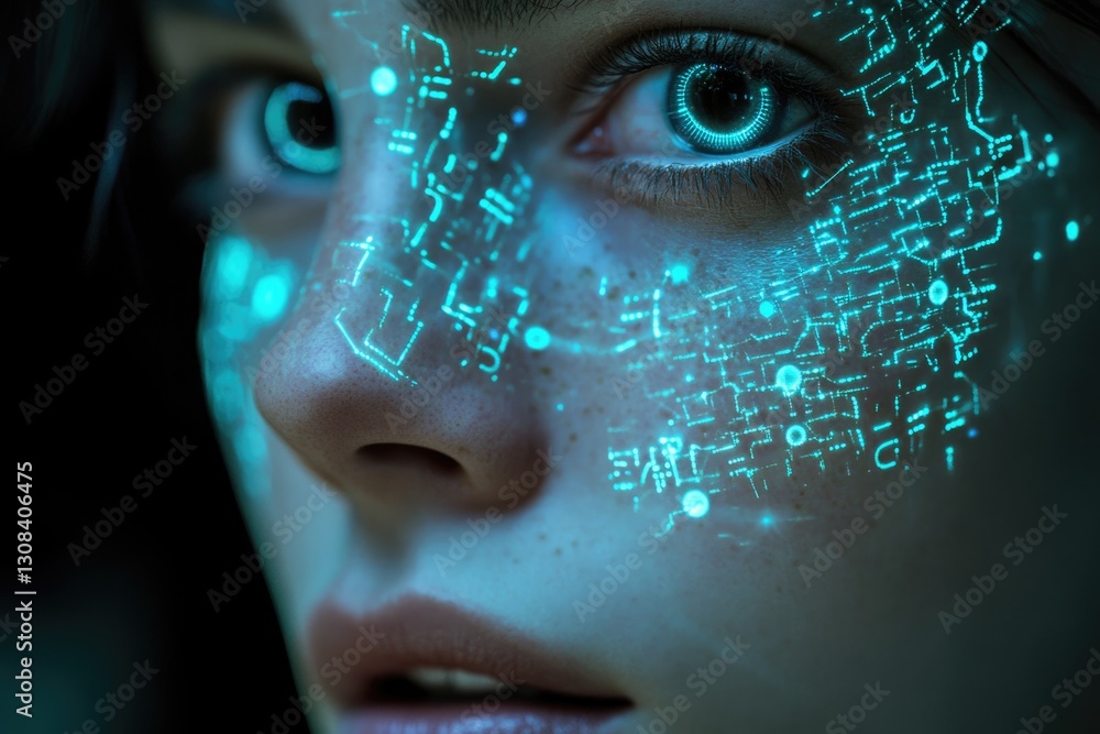 Poster a close-up of a person's face with glowing cyan circuit patterns overlaying their skin, creating a f