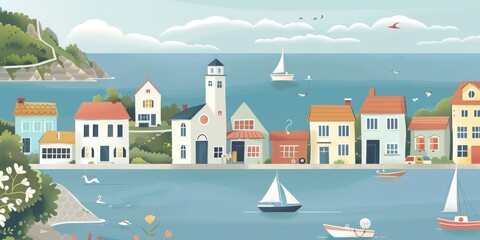 Coastal Town Scene - Colorful Seaside Village
