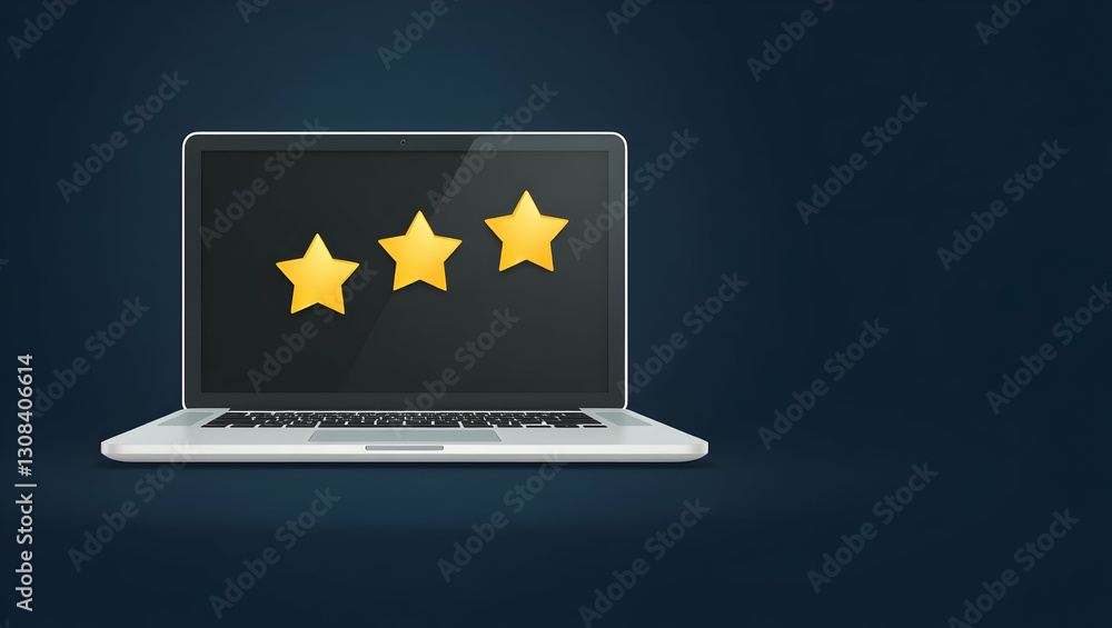 Poster customer ratings visualized: floating star ratings above a laptop illustrating digital review system