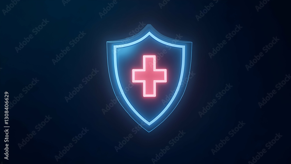 Poster glowing holographic shield with cross symbolizing health coverage and medical security in healthcare
