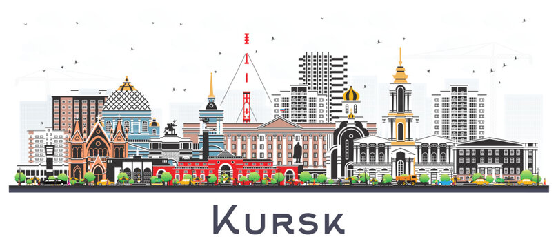 Kursk Russia city skyline with color buildings isolated on white. Kursk cityscape with landmarks. Business travel and tourism concept with modern and historic architecture.