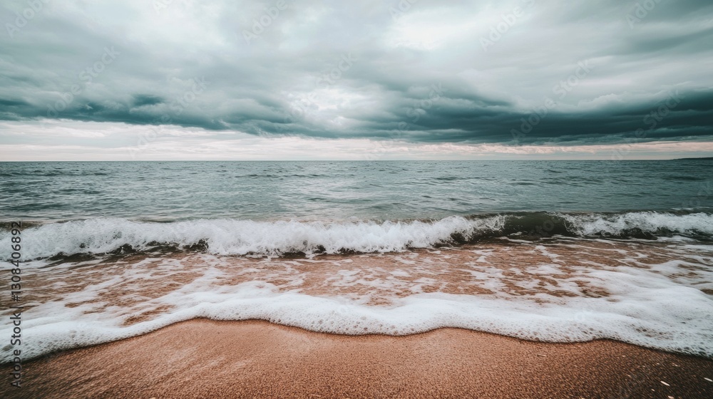 Poster Lonely seashore with gentle waves and overcast sky creates a serene atmosphere for reflection and contemplation Generative AI