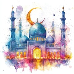 Watercolor Painting of a Mosque at Night with a Crescent Moon