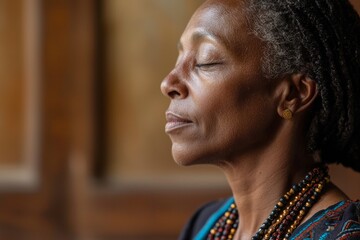 A woman sits in quiet reflection, her prayer beads slipping through her fingers. She closes her eyes and takes a deep breath in the silence