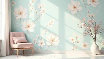 Serene pastel floral wall mural with a light pink armchair in a sunlit room