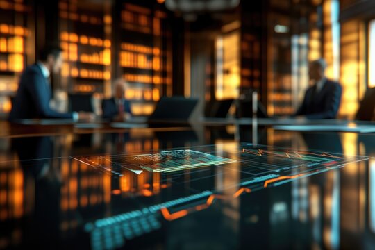 Business meeting with data visualization on a smart table, showcasing financial charts and graphs in a modern office.