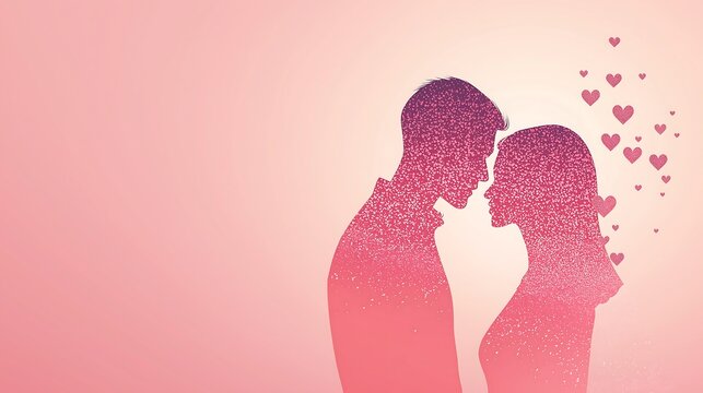 ouple Silhouette with Hearts: Pink Background