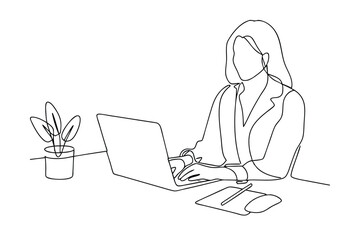Woman Working from Home on Laptop, Minimalist Line Art