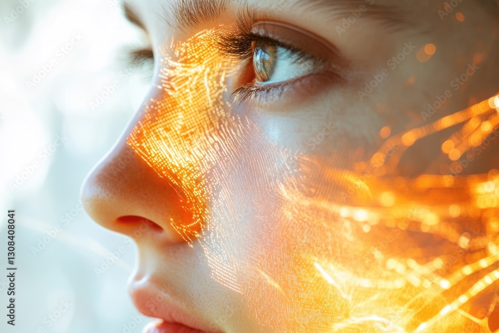 Poster a close-up profile of a person's face with warm, glowing light patterns overlayed, suggesting digita