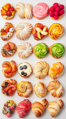 Vibrant Danish Pastries Symmetrically Arranged in Elegant Grid Formation with Copy Space