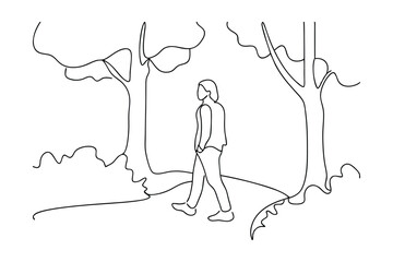 Solitary Figure Walking Peaceful Nature Trail Line Art Drawing